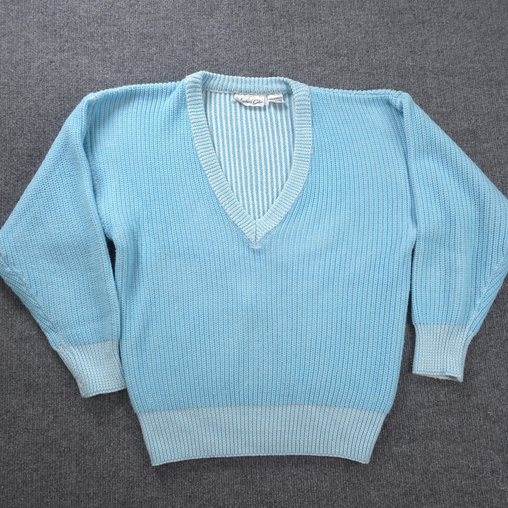 VINTAGE Hunters Glen Sweater Womens Small Blue V Neck Acrylic Knit Pullover 80s